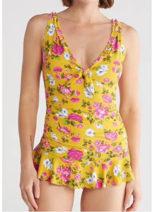 Other - NWOT Betsy Johnson One Piece Bathing Suit Size L Floral Yellow Ruffles